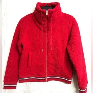 Tommy Hilfiger Women’s Zip Front Fleece Bomber Red & Sporty Stripes Jacket Small